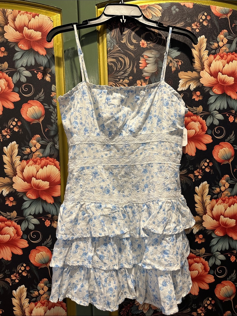 Altar'd State White and Light Blue Floral Tiered Ruffle Camisole Dress